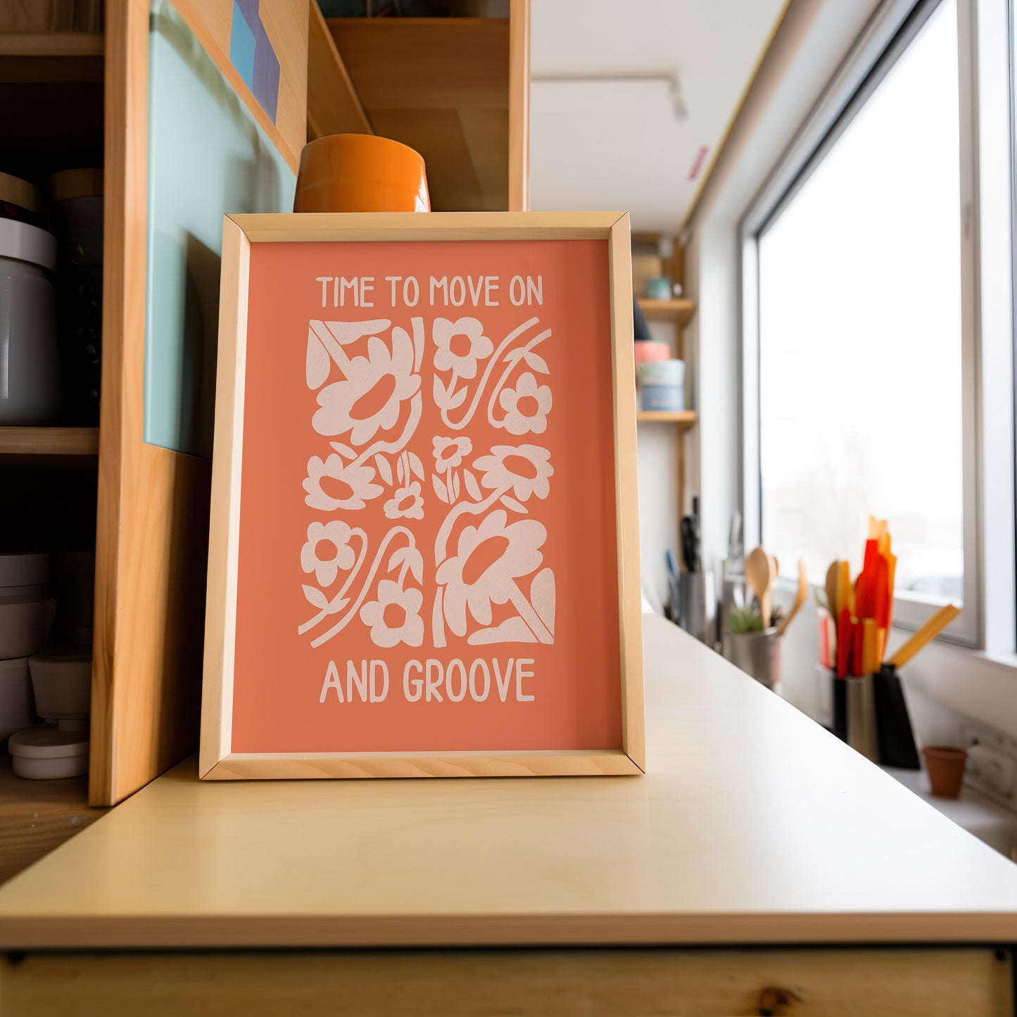 Time to Move On Poster, Groovy Floral Wall Art, Retro Orange and White Flower Print, Motivational Poster Home Decor, 70s Inspired Artwork