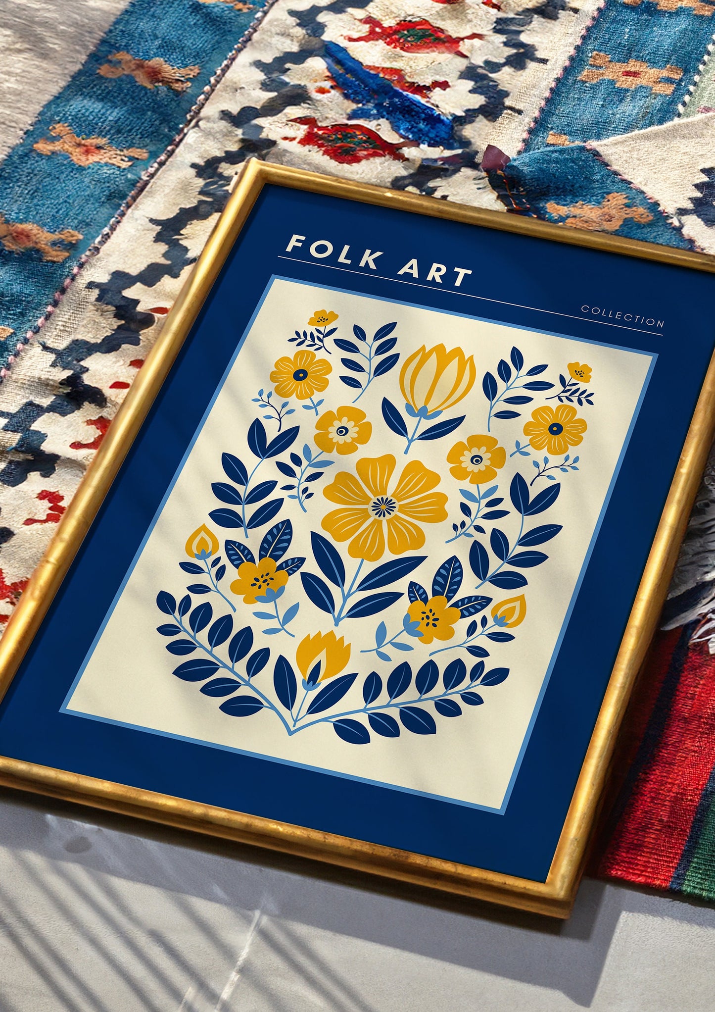 Folk Art Poster, Scandinavian Floral Wall Art, Blue and Yellow Folk Flower Print, Traditional Nordic Art, Boho Folk Art Decor