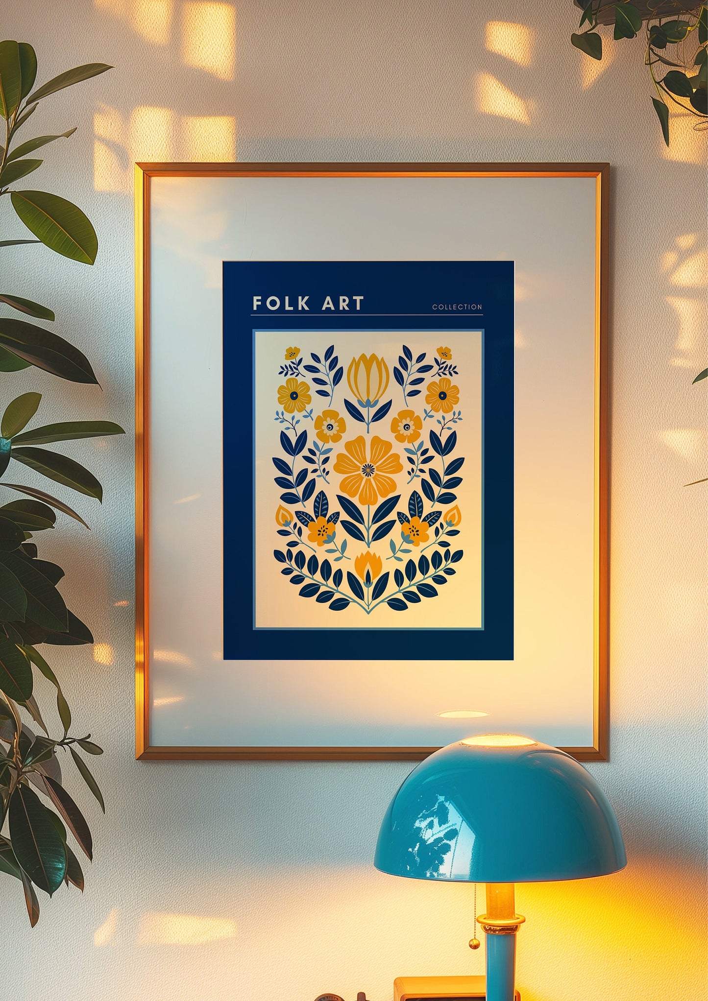 Folk Art Poster, Scandinavian Floral Wall Art, Blue and Yellow Folk Flower Print, Traditional Nordic Art, Boho Folk Art Decor