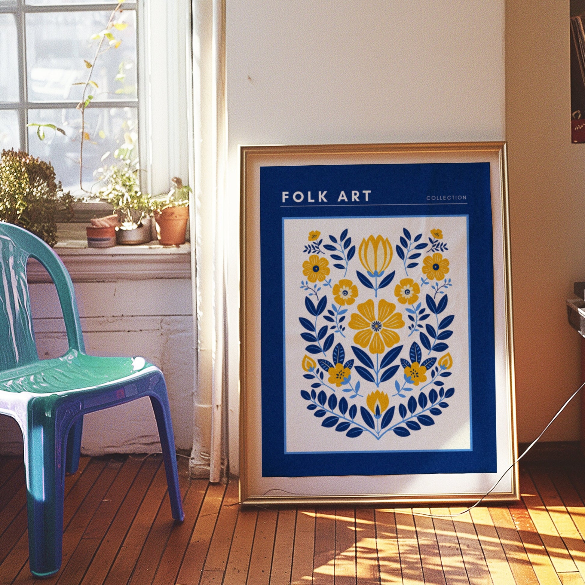 A Scandinavian-inspired folk art poster featuring a blue and yellow floral design, perfect for adding a touch of traditional Nordic charm to your home decor.