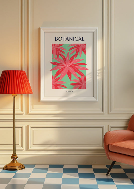 A botanical art poster featuring vibrant pink tropical leaves on a green background, perfect for adding a touch of nature-inspired decor to your living space.