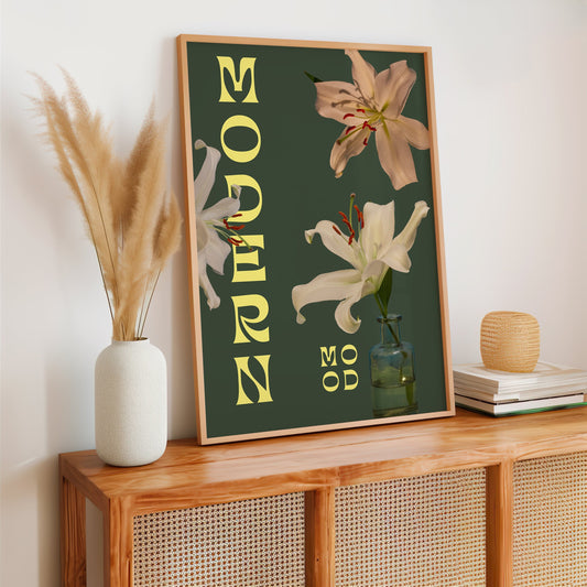 A modern floral art poster featuring white lilies on a green background with bold yellow text, adding an elegant and contemporary touch to any room.