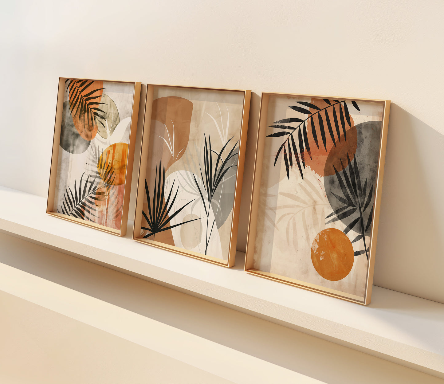 Modern Abstract Botanical Wall Art Set, Earthy Toned Palm Leaves Prints, Set of Three, Boho Wall Decor, Minimalist Nature Art for Bohem Home