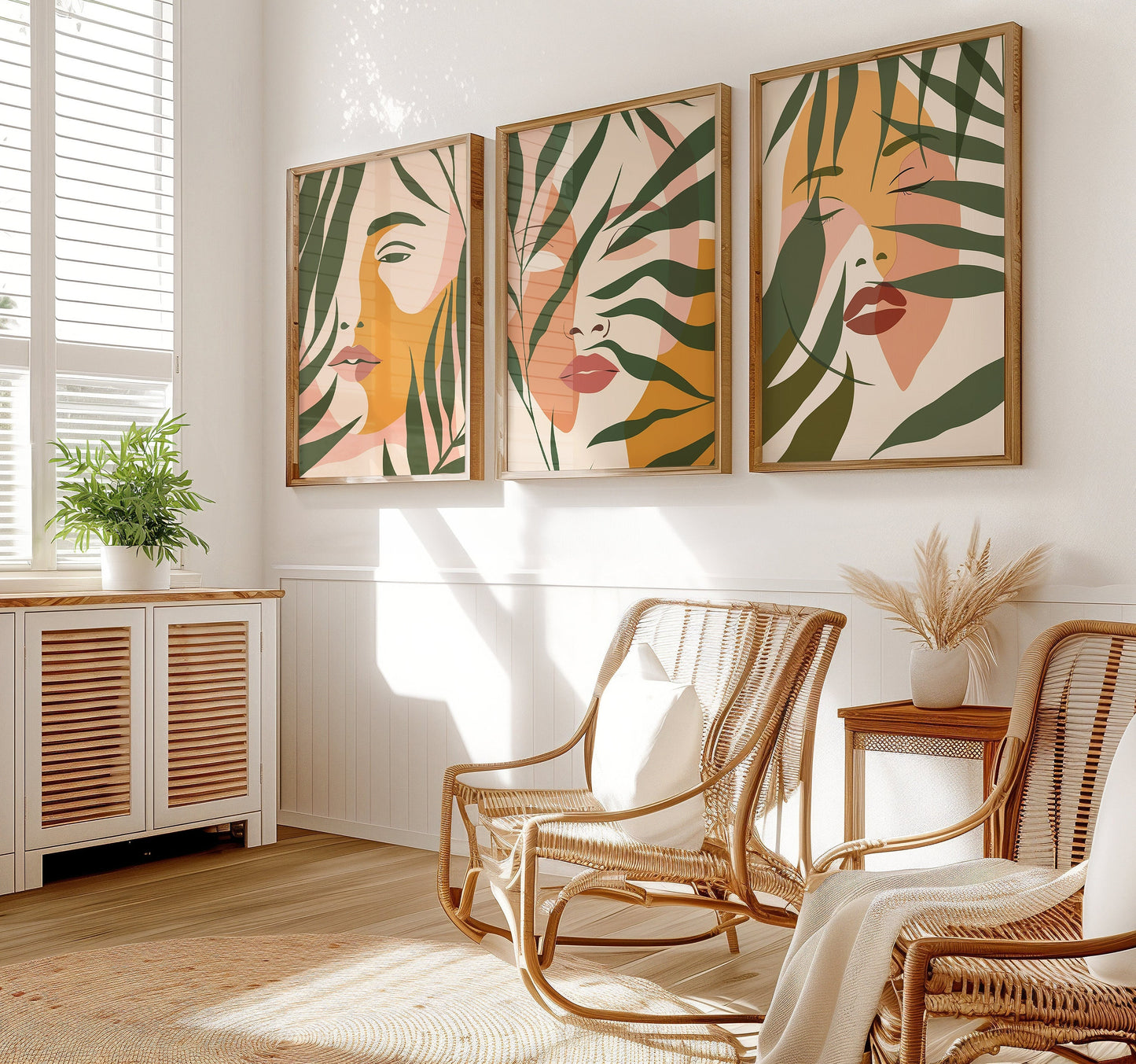 A set of three abstract female portrait art prints with botanical elements, adding a modern and boho touch to a stylish living room.