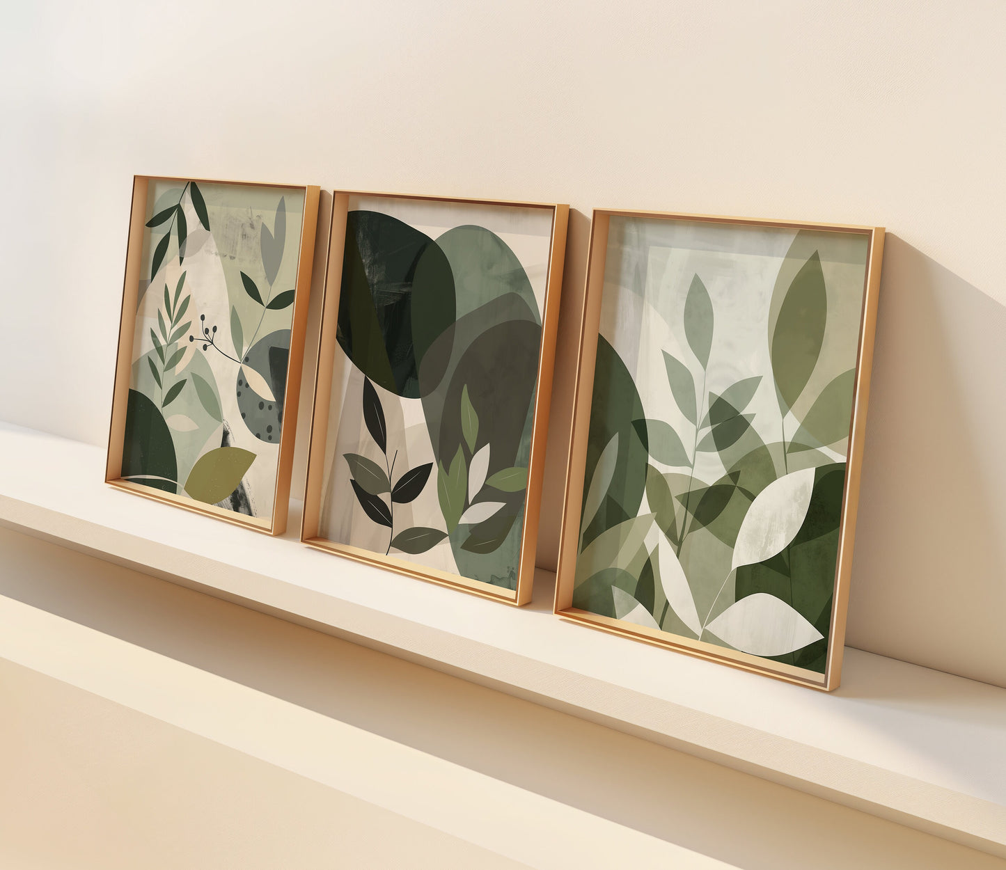 Green Botanical Art Prints, Set of Three, Modern Abstract Leaf Wall Art, Nature-Inspired Decor for Living Room or Bedroom