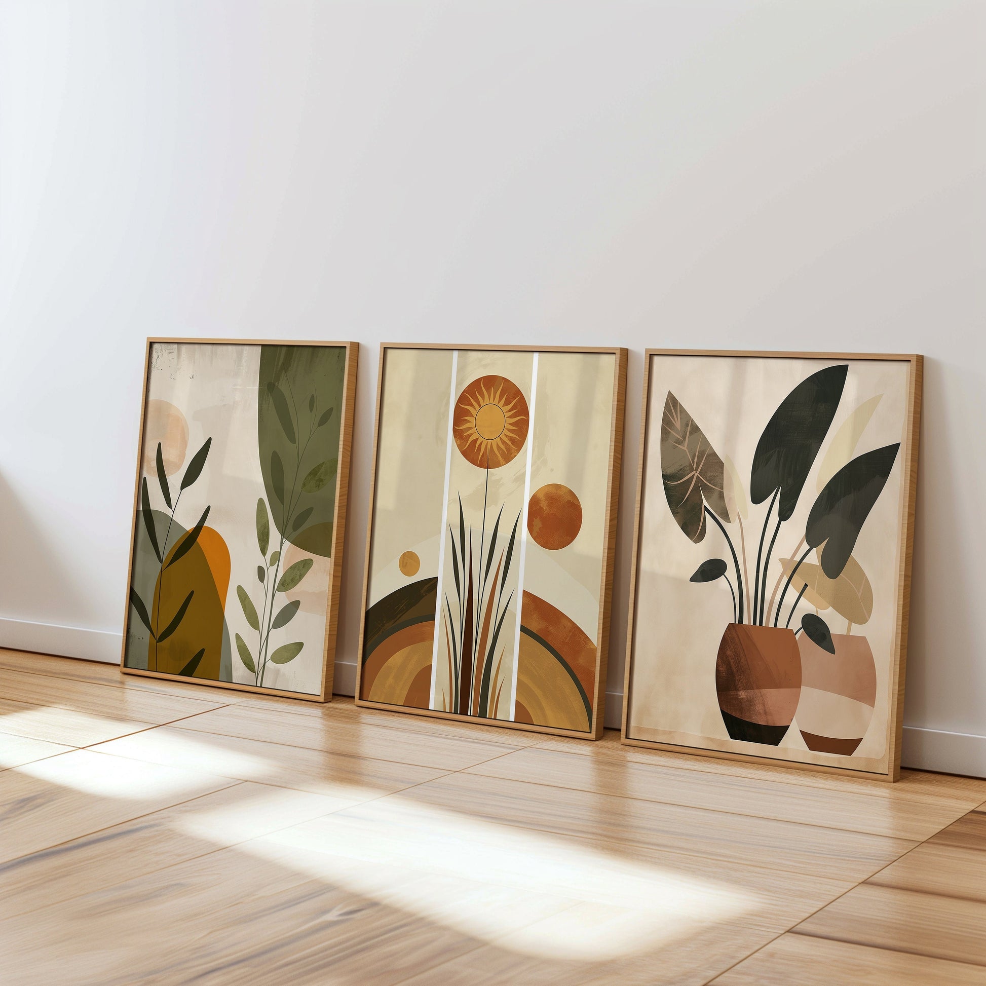 A set of three earthy botanical prints featuring boho plant designs in warm tones, perfect for adding an abstract and nature-inspired vibe to any living room.