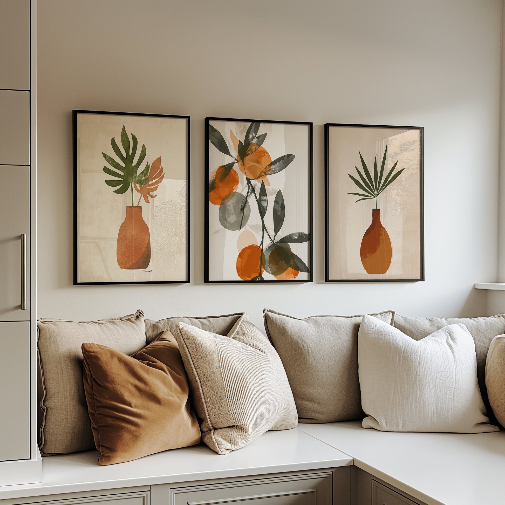 A set of three modern botanical prints in orange and green tones, featuring minimalist plant designs, ideal for adding an earthy and natural touch to bedroom decor.