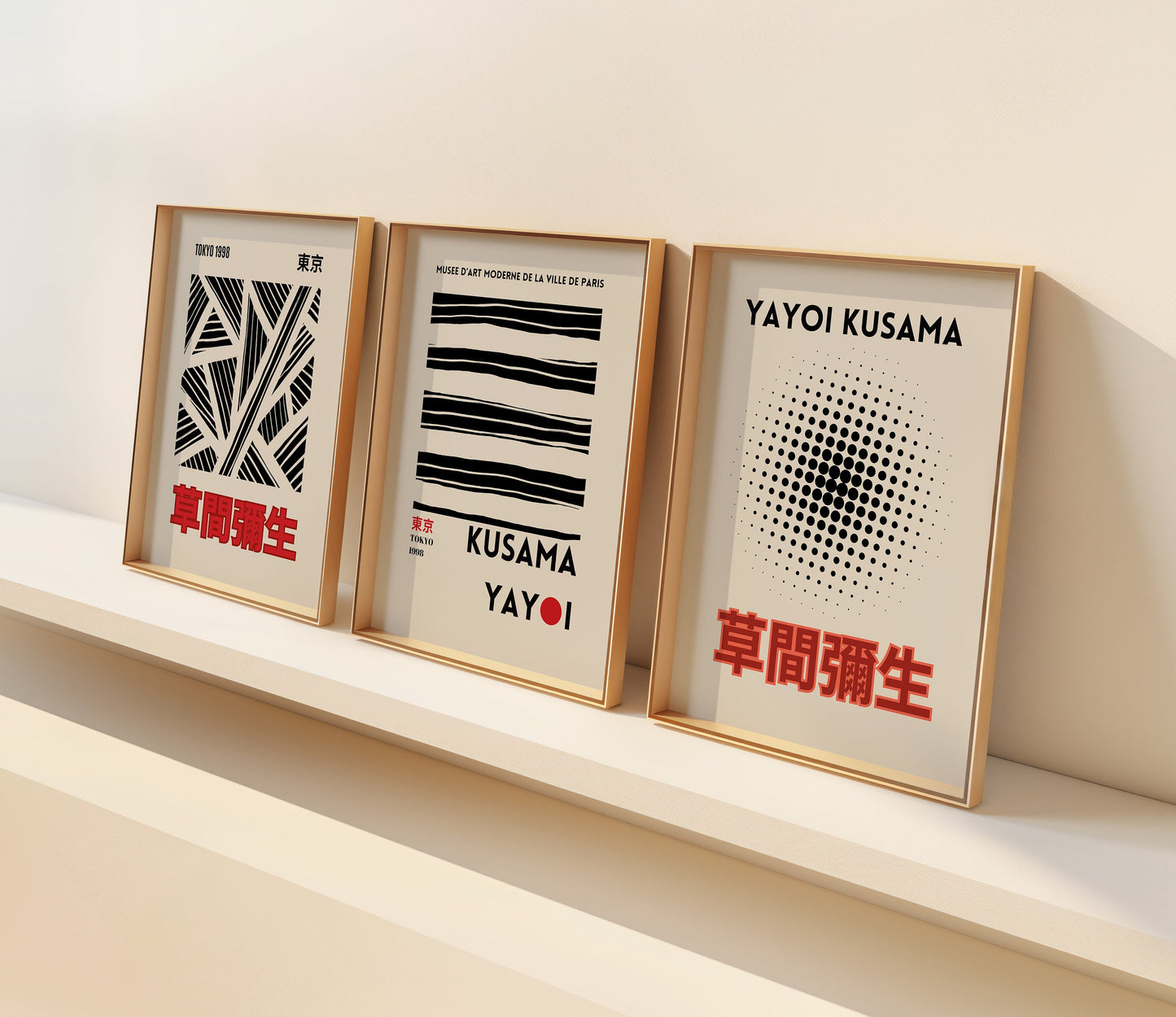 Yayoi Kusama Modern Art Prints, Set of Three Black and White Line Art Posters, Minimalist Geometric Patterns, Japanese Contemporary Wall Art