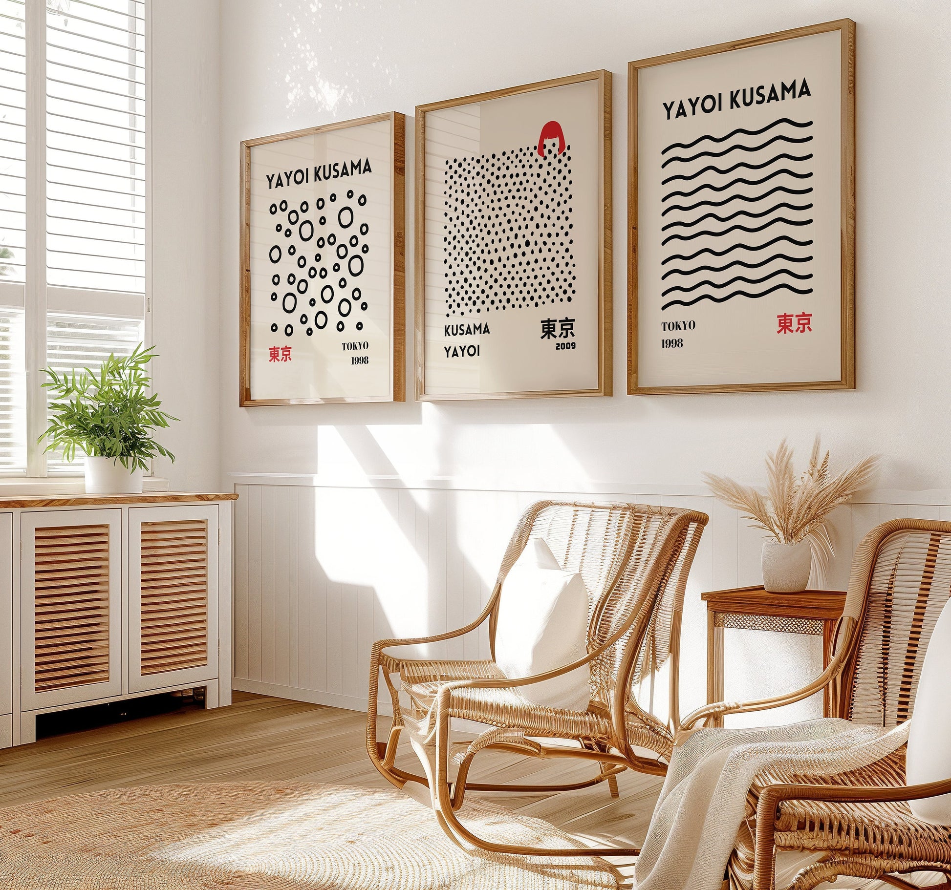 Set of three minimalist Yayoi Kusama posters featuring abstract black and white designs inspired by Tokyo 1998 and 2009, perfect for modern home decor.