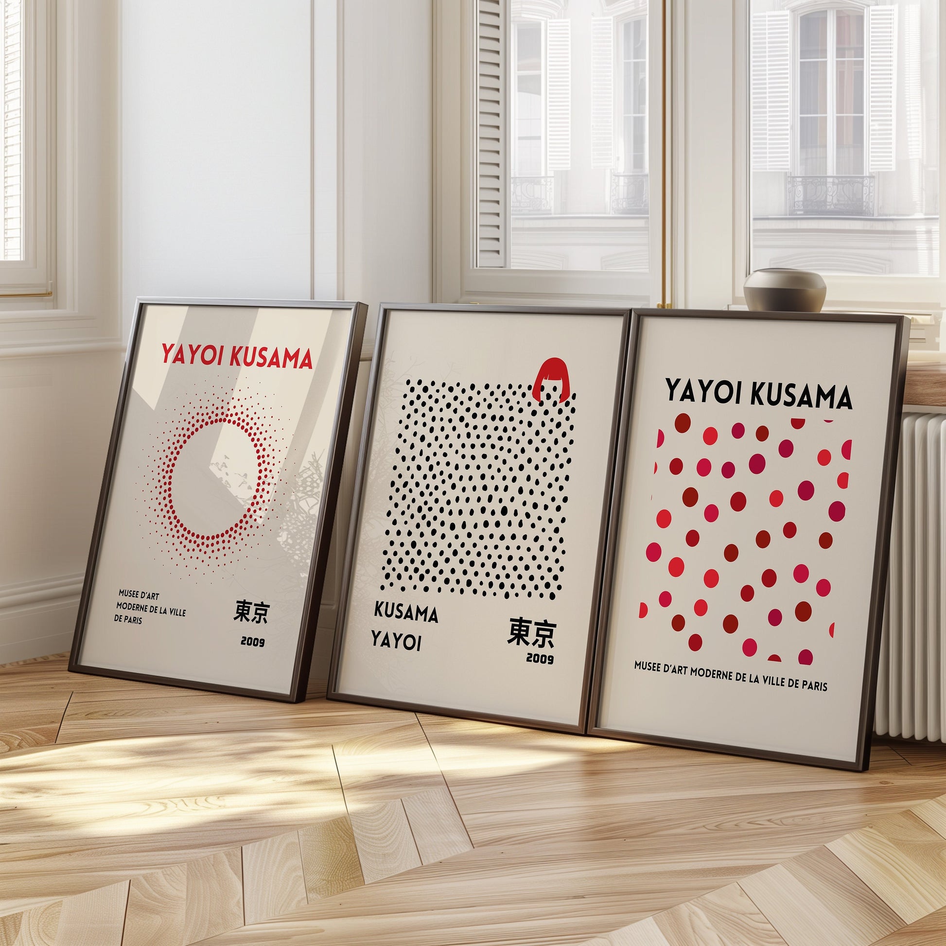 Set of three Yayoi Kusama posters featuring red, black, and pink polka dots inspired by Tokyo 2009 exhibition, minimalist modern abstract wall art.