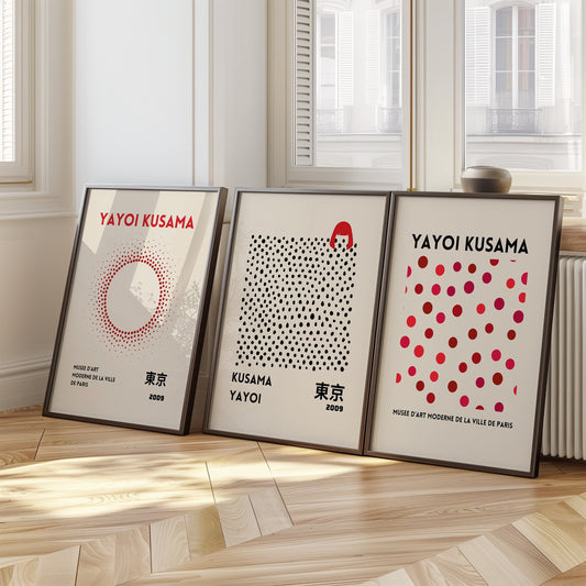 Set of three Yayoi Kusama posters featuring red, black, and pink polka dots inspired by Tokyo 2009 exhibition, minimalist modern abstract wall art.