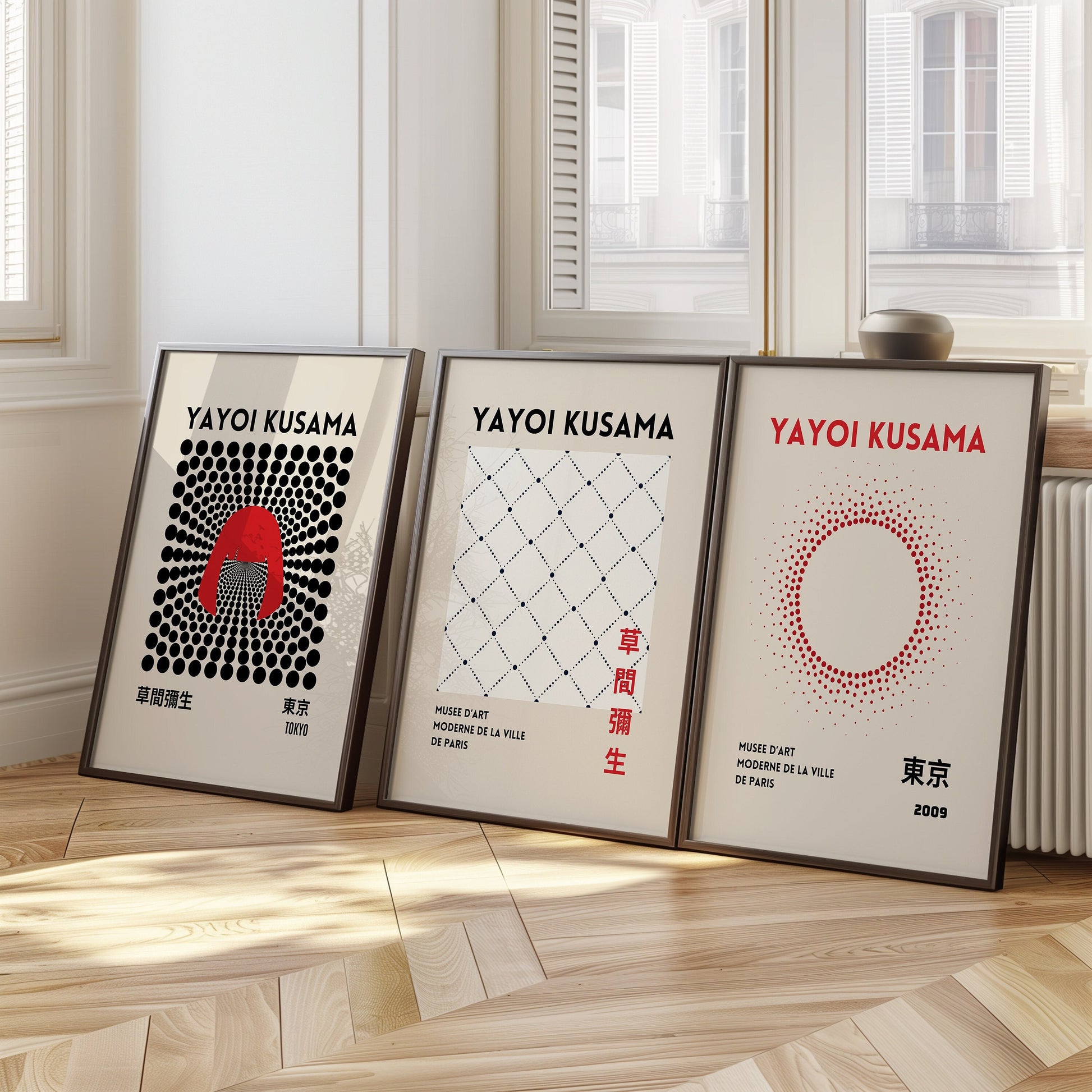 A set of three Yayoi Kusama posters featuring minimalist geometric patterns, abstract circular designs, and iconic dot motifs, from Tokyo 1998 and 2009 exhibitions.