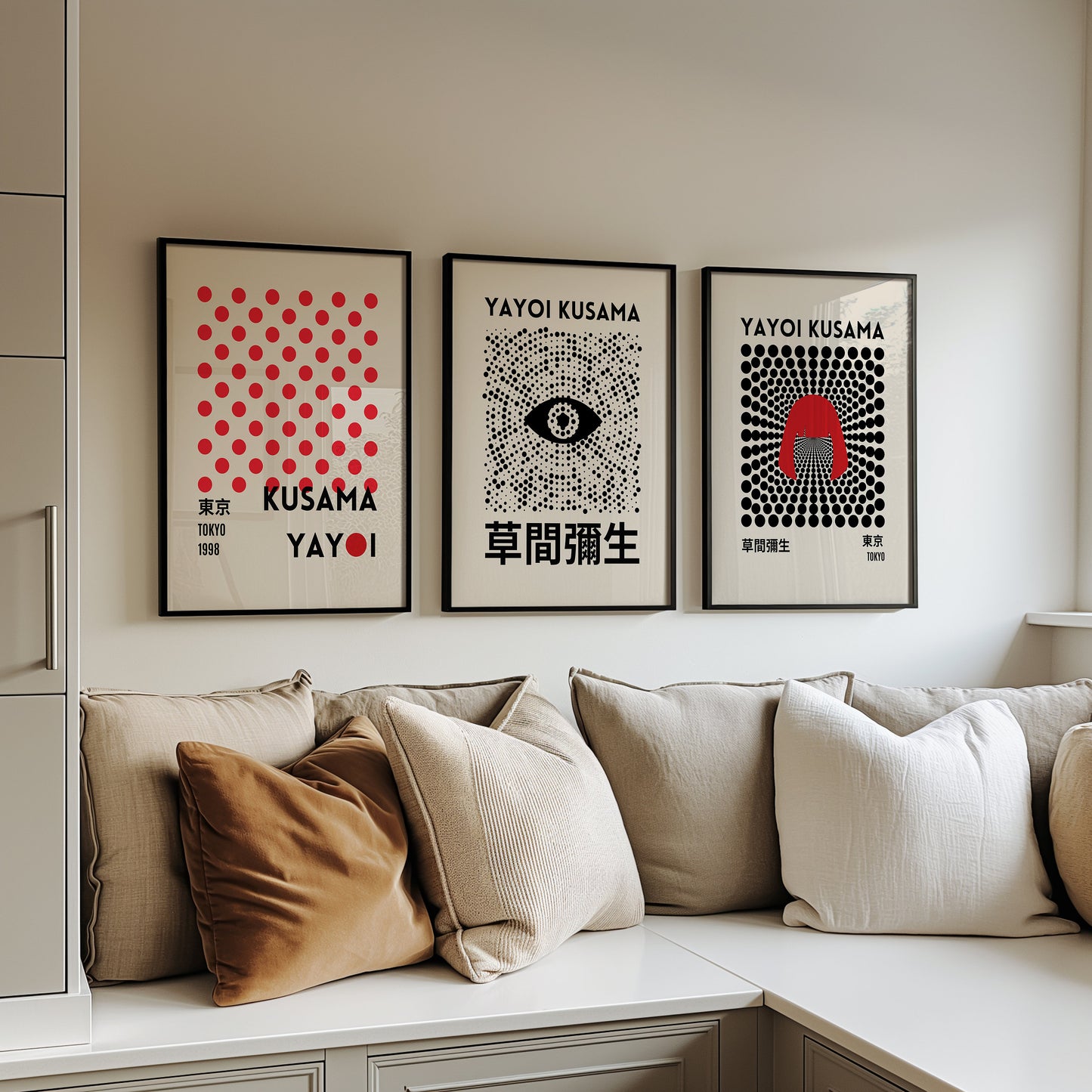 Yayoi Kusama Poster Set, Japanese Modern Art Prints, Kusama Dot and Eye Design, Tokyo 1998 Exhibition, Minimalist Wall Art Trio