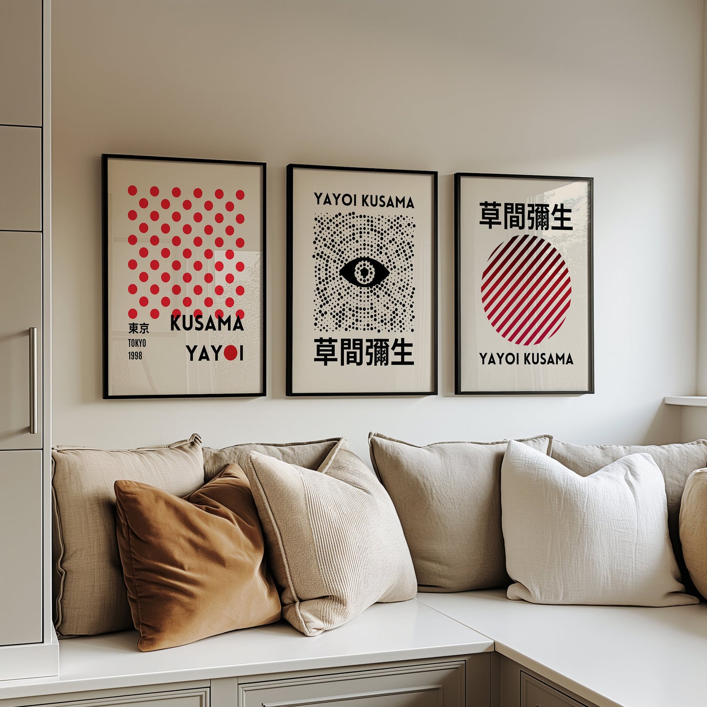 Yayoi Kusama Art Print Set, Modern Japanese Wall Art, Kusama Eye and Dot Series, Tokyo 1998, Minimalist Red and Black Poster Trio