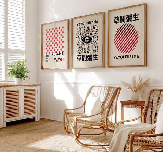 A three-piece set of Yayoi Kusama posters featuring a bold red stripe circle, a minimalist eye design, and a classic dot pattern inspired by her Tokyo 1998 exhibition.