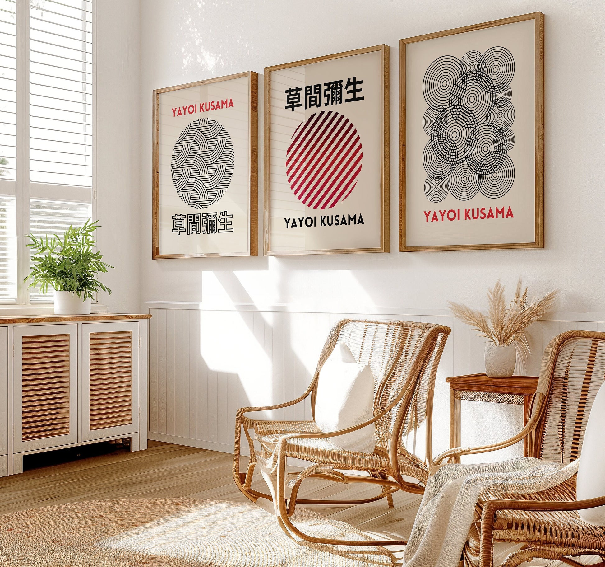 A trio of Yayoi Kusama posters featuring modern circle designs in red and black, showcasing Kusama’s distinctive patterns and minimalist style, ideal for contemporary spaces.