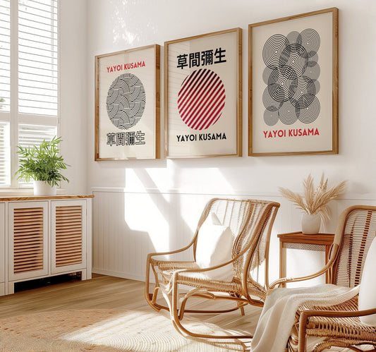 A trio of Yayoi Kusama posters featuring modern circle designs in red and black, showcasing Kusama’s distinctive patterns and minimalist style, ideal for contemporary spaces.