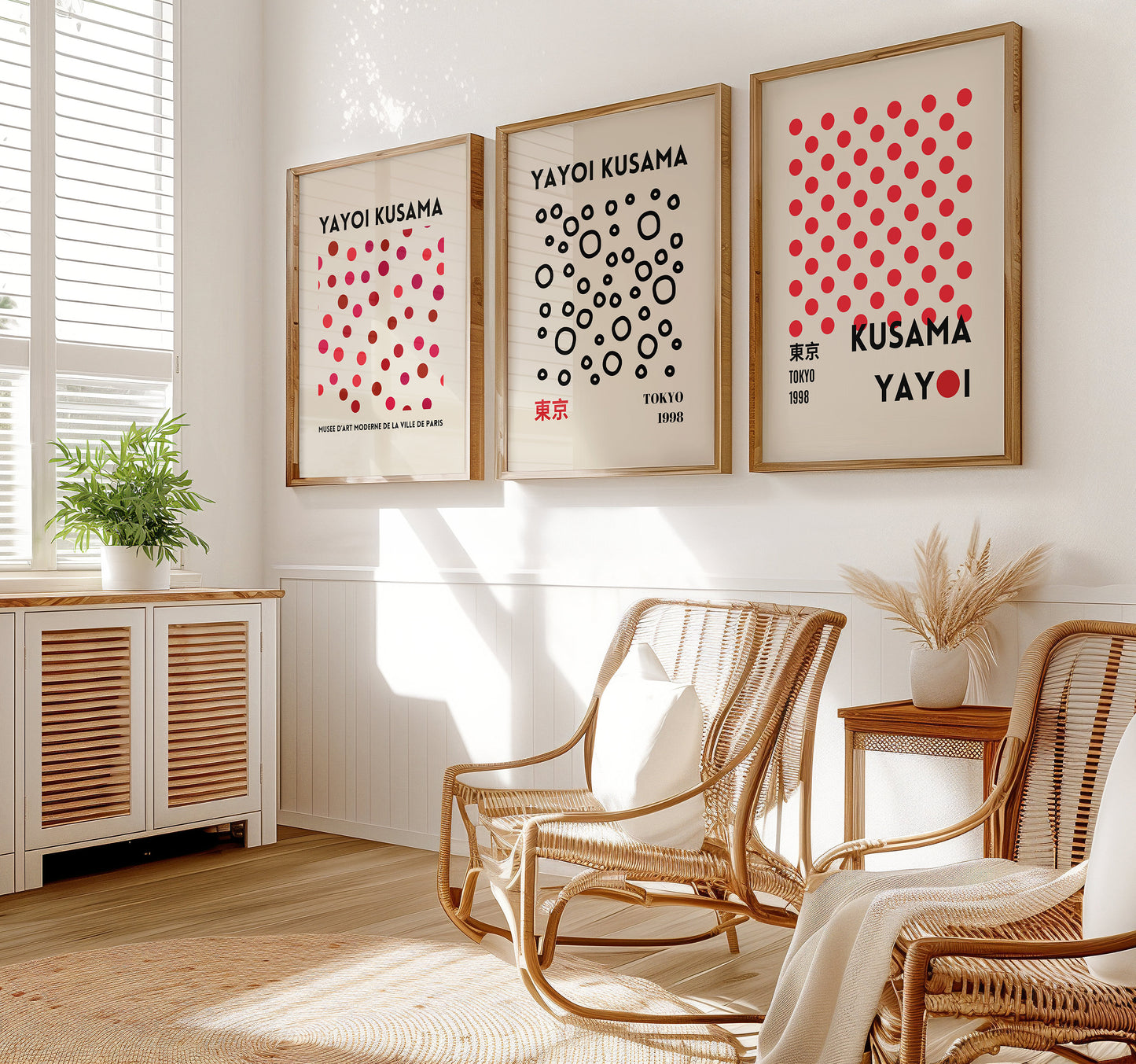 Yayoi Kusama Poster Set, Japanese Abstract Art, Red and Black Kusama Dots Collection, Set of 3 Posters, Tokyo 1998, Minimalist Wall Decor