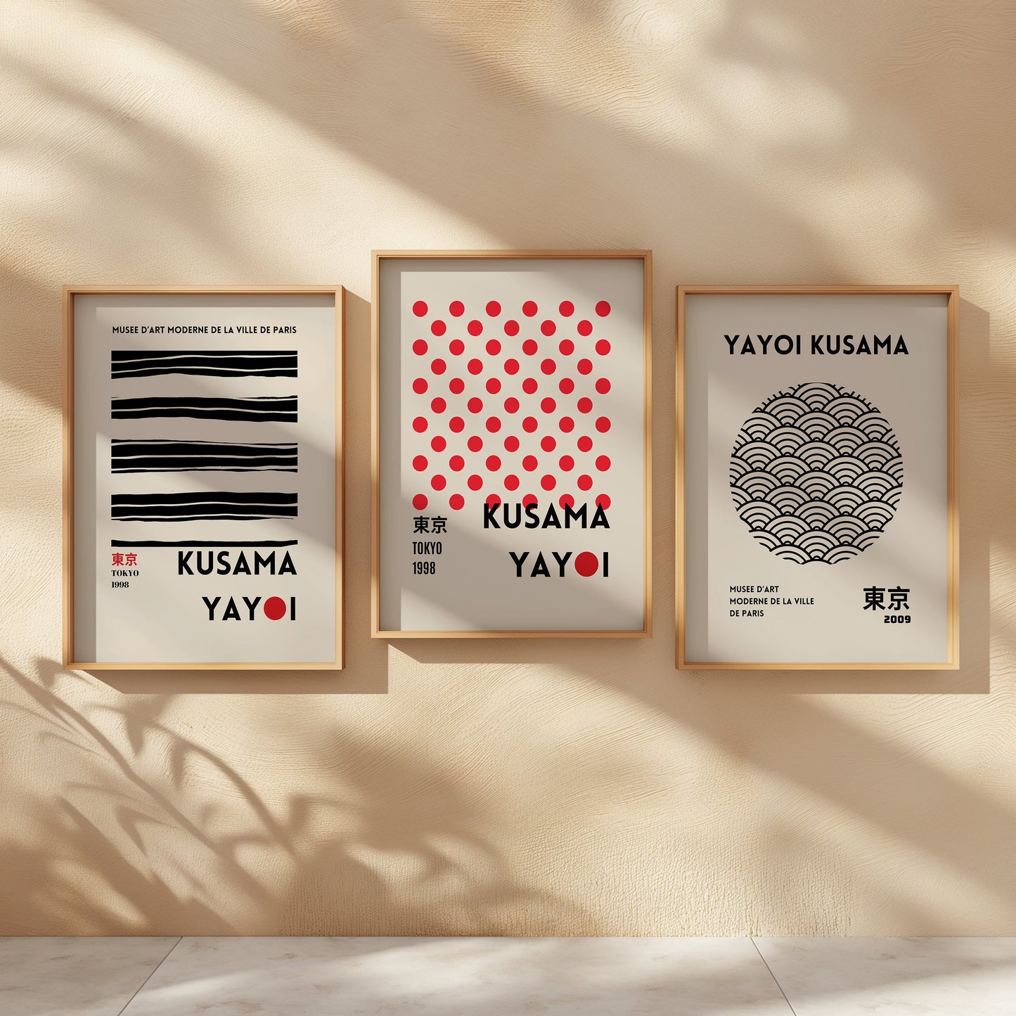 Yayoi Kusama Poster Set, Japanese Minimalist Wall Art, Red Dots and Black Line Prints, Tokyo 1998-2009, Set of Three Kusama Art Prints