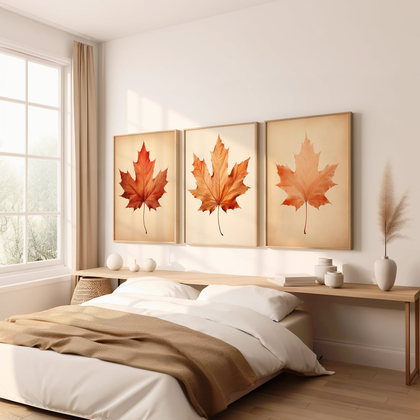 Set of 3 Autumn Maple Leaf Wall Art Prints, Fall Bedroom Decor, Neutral Tones Leaf Artwork, Seasonal Wall Art for Living Room, Cozy Decor