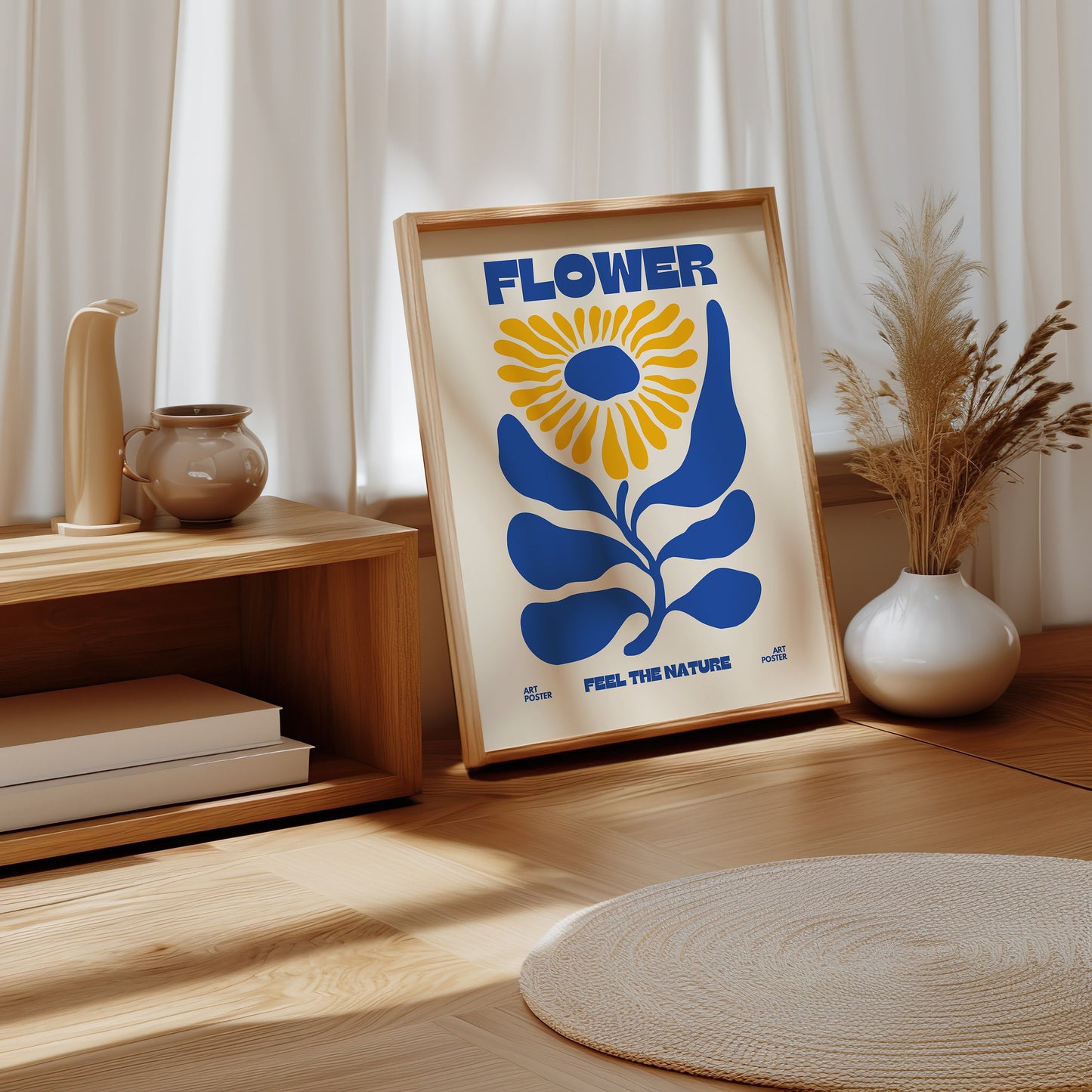 Feel The Nature Flower Poster, Bohemian Wall Art, Retro Sunflower Art Print, Minimalist Botanical Decor, Mid-Century Modern, Blue Yellow Art