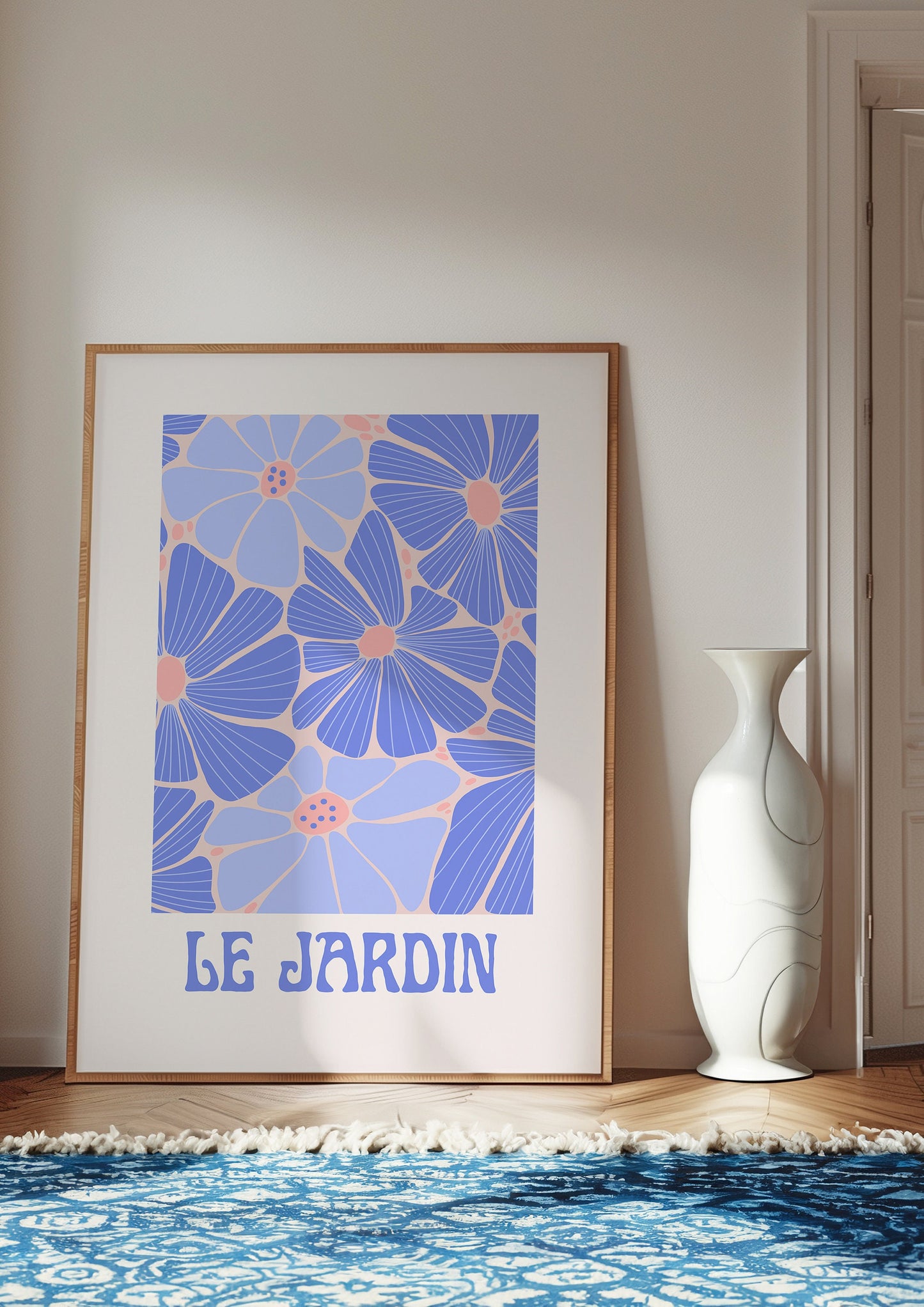 French Garden Flower Poster, Le Jardin Wall Art Print, Blue and Pink Floral Decor, Boho Botanical Artwork, Mid-Century Modern Home Decor