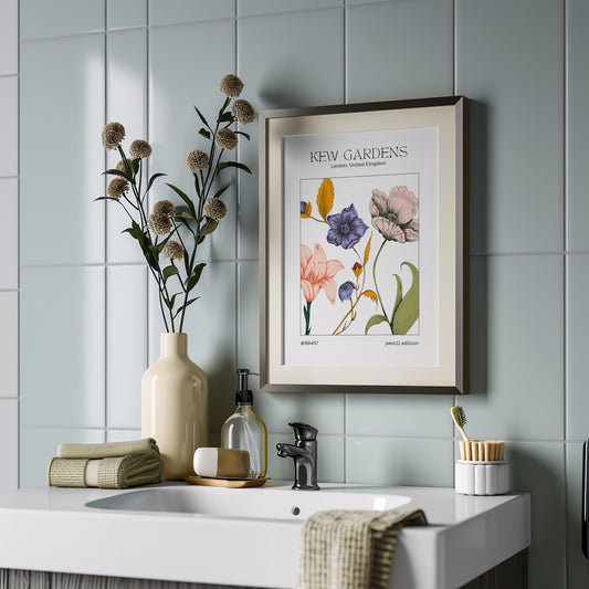 A vintage-style &quot;Kew Gardens&quot; poster featuring a hand-drawn floral illustration in soft pastel colors, displayed in a gold frame leaning against a wall in a cozy, sunlit room.