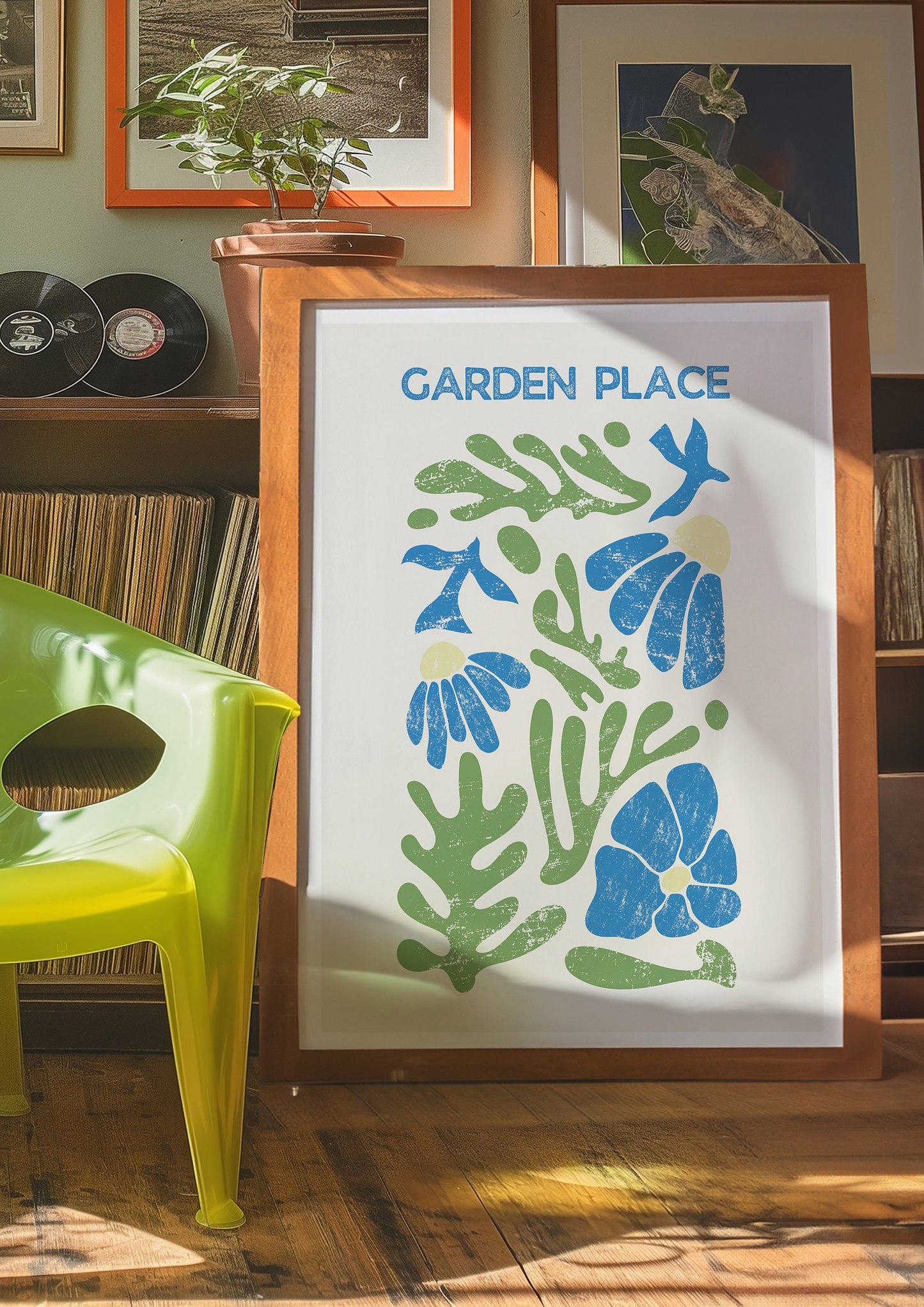 Garden Place Poster, Botanical Wall Art, Nature-Inspired Home Decor, Green and Blue Floral Print, Modern Plant Art, Tropical Leaf Art