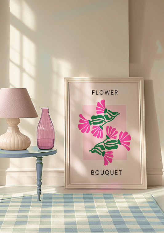 A stylish &quot;Les Fleurs&quot; poster featuring a retro floral design in yellow and green with a brown vase. The artwork is leaning against a white paneled wall next to a large window