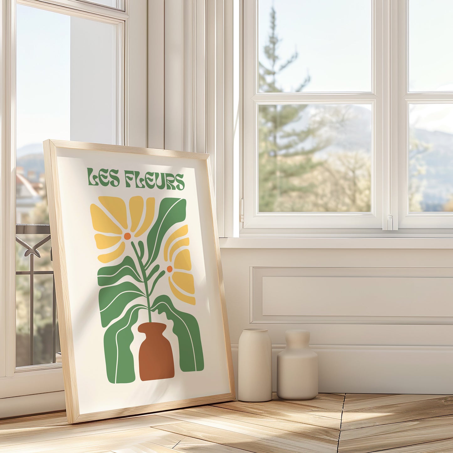 Les Fleurs Poster, Retro Floral Wall Art, Yellow and Green Botanical Print, Mid-Century Modern Decor, French-Inspired Wall Decor, Poster