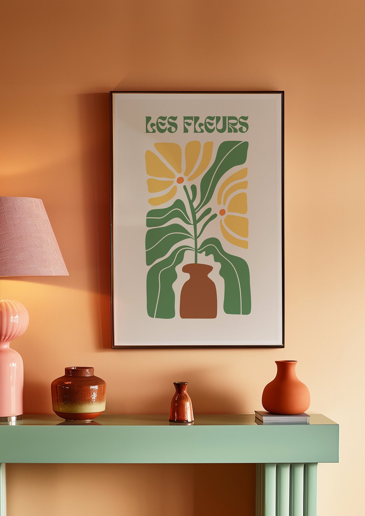 Les Fleurs Poster, Retro Floral Wall Art, Yellow and Green Botanical Print, Mid-Century Modern Decor, French-Inspired Wall Decor, Poster