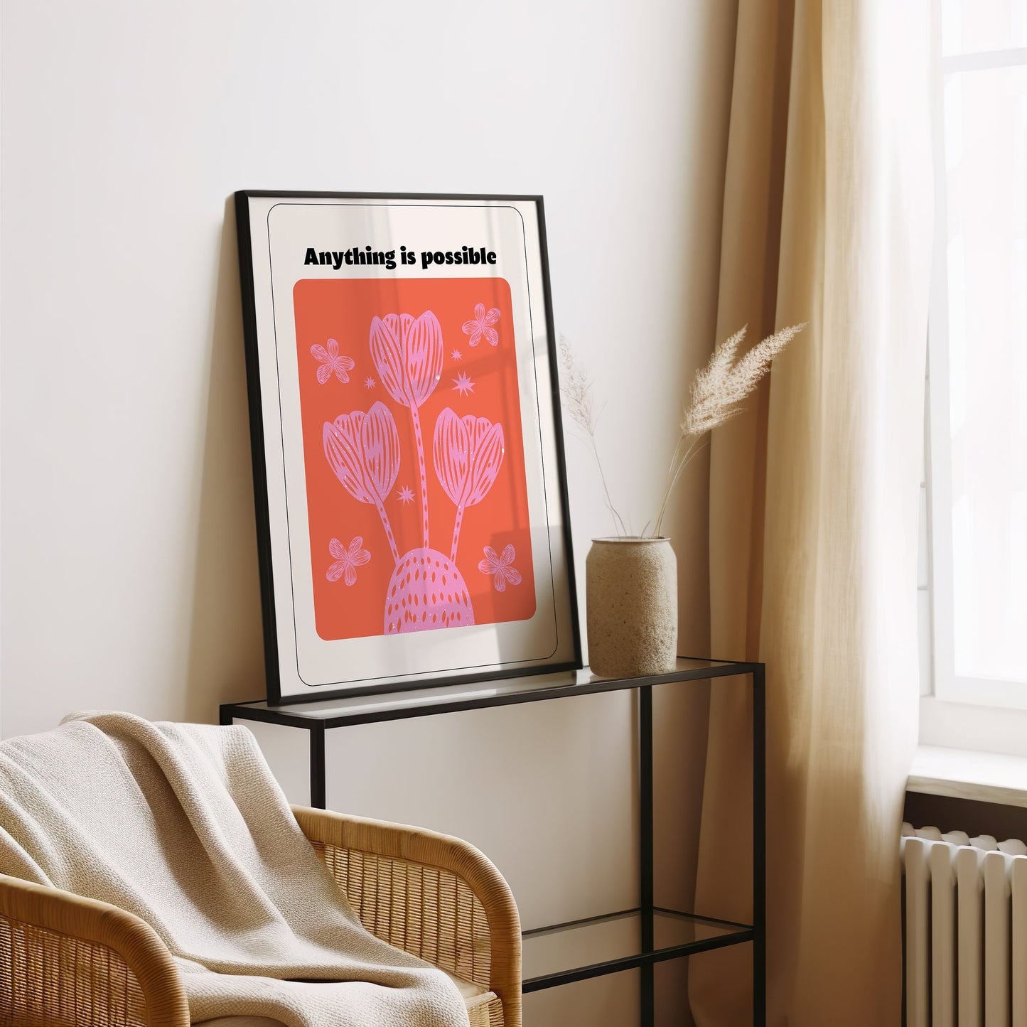 Anything is Possible Poster, Motivational Wall Art, Inspirational Pink and Orange Print, Positive Quote Art, Uplifting Flower Design