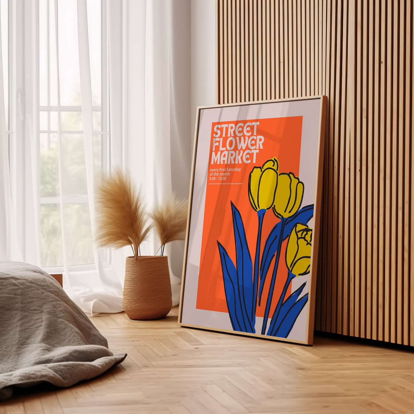 Street Flower Market Poster, Orange&Blue Tulip Poster, Vibrant Flower Market Print, Retro Floral Art, Urban Floral Art, Modern Botanical Art