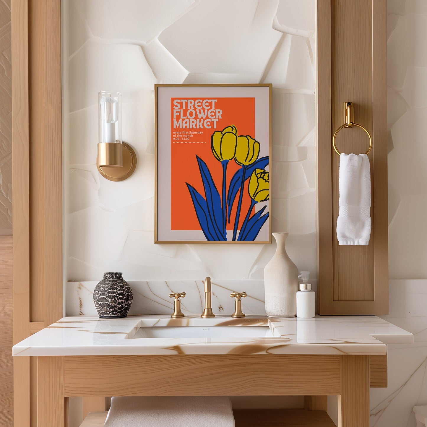 A vibrant poster titled &quot;Street Flower Market&quot; featuring bold orange and blue tulip artwork, ideal for adding a retro and colorful touch to any space.