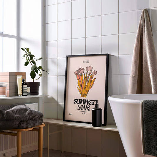 A stylish poster titled &quot;Summer Love&quot; featuring yellow and pink tulips, perfect for adding a touch of summer warmth and floral beauty to your bathroom or living space.