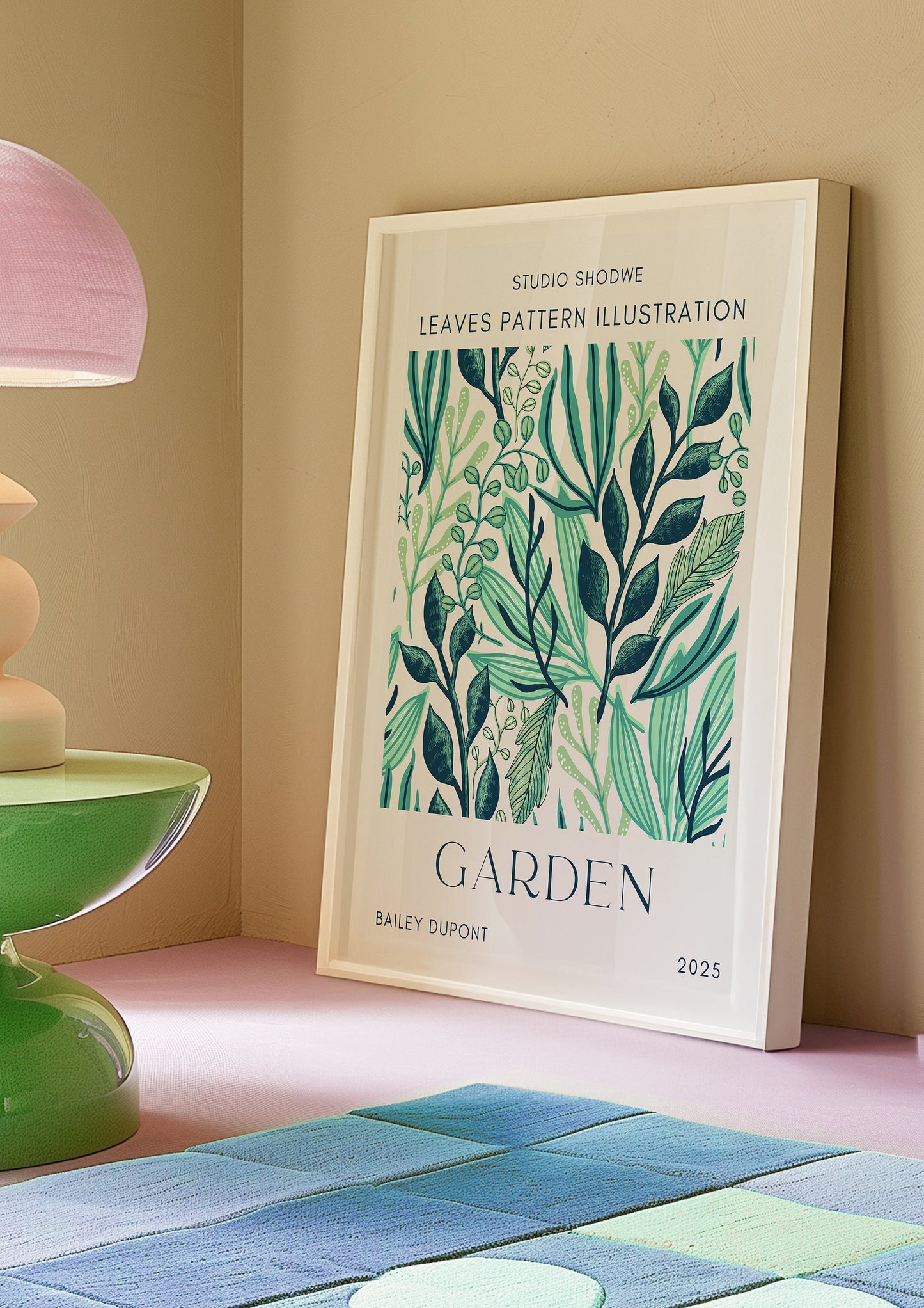 Garden Leaves Pattern Illustration Poster, Green&Blue Botanical Wall Art, Nature-Inspired Bathroom Decor, Bailey Dupont 2025 Limited Edition