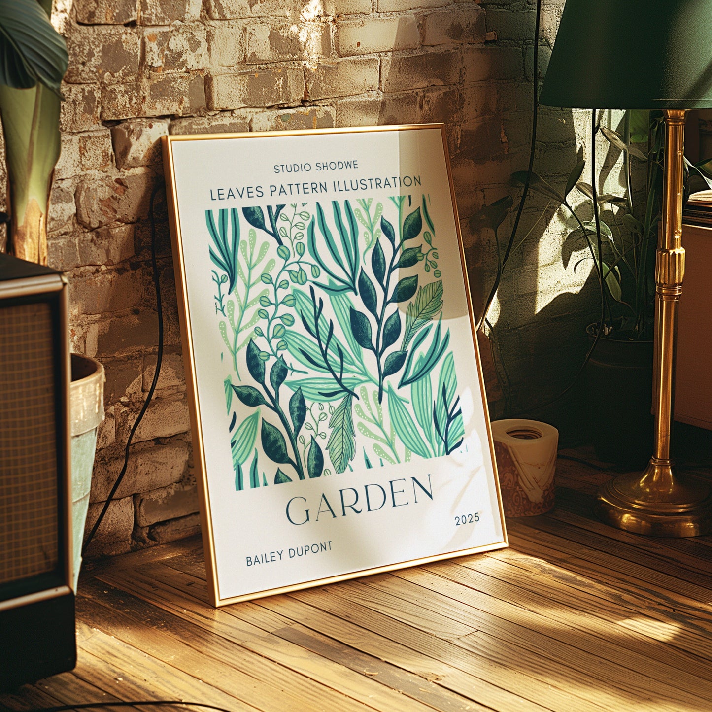 Garden Leaves Pattern Illustration Poster, Green&Blue Botanical Wall Art, Nature-Inspired Bathroom Decor, Bailey Dupont 2025 Limited Edition