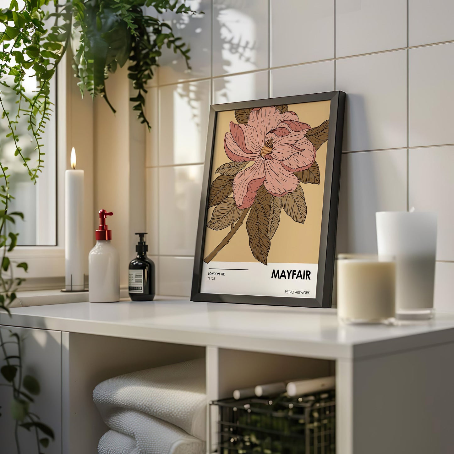 Mayfair Floral Retro Poster, Pink&Beige Flower Illustration, Vintage-Inspired Art, London Botanical, Mayfair Series No. 103, Elegant Floral