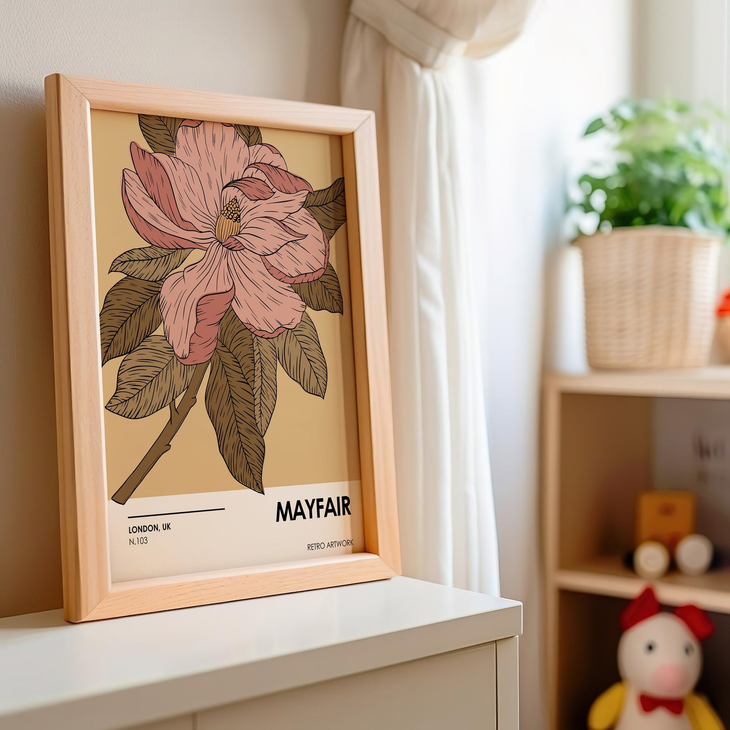 Mayfair Floral Retro Poster, Pink&Beige Flower Illustration, Vintage-Inspired Art, London Botanical, Mayfair Series No. 103, Elegant Floral