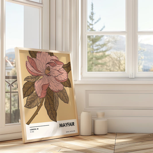 A vintage-inspired Mayfair floral artwork poster featuring a detailed illustration of a pink and beige flower with intricate leaves, perfect for adding a touch of retro elegance to your home decor.