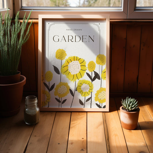 A hand-drawn Garden Sunflower poster featuring yellow floral illustrations, perfect for adding a vintage botanical and cottagecore touch to your home decor.