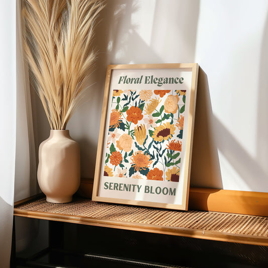 Floral Elegance Serenity Bloom poster featuring orange and green botanical patterns, adding a touch of vintage floral beauty to your home decor.