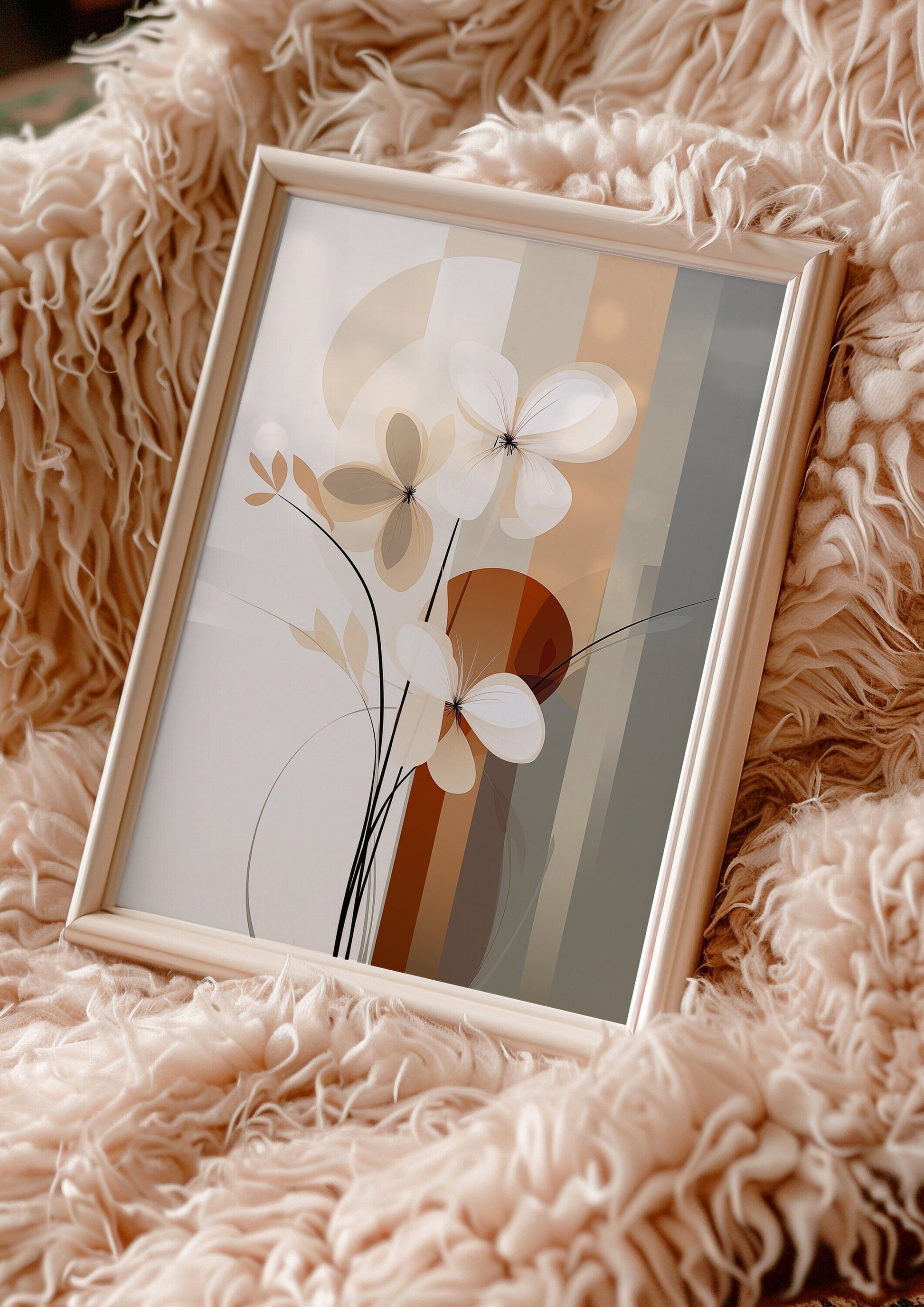 Modern abstract floral art print featuring earthy tones with a minimalist and geometric design, perfect for contemporary home decor.