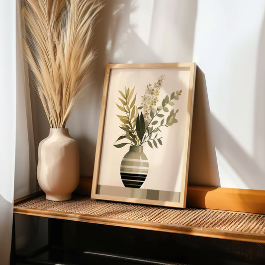 Botanical art print featuring a variety of green leaves arranged in a striped vase, ideal for neutral and minimalist decor.