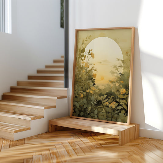 Art print featuring a golden sunrise viewed through a botanical archway, surrounded by lush green foliage, perfect for adding warmth and tranquility to any room.