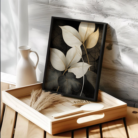 A luxurious art print featuring delicate black and gold leaves set against a rich dark background, creating an elegant and sophisticated botanical design for modern home decor.