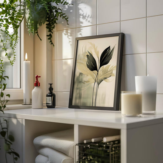 A sophisticated black and white art print featuring elegant, minimalist botanical leaves, ideal for adding a touch of nature to bathroom decor.