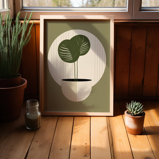 A retro-inspired botanical print featuring a minimalist green plant in a mid-century modern style pot, highlighted by a circular backdrop, perfect for adding a vintage touch to any room.