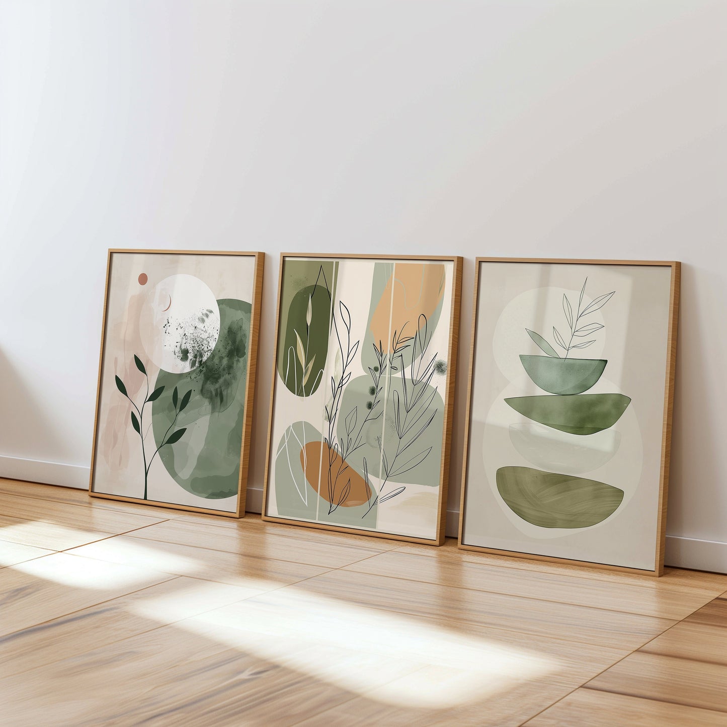 A set of three minimalist abstract botanical art prints featuring earthy tones and modern designs, perfect for a boho-inspired interior or as a calming addition to any living space.