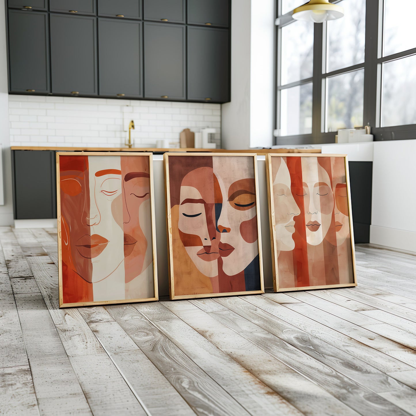 Expressionist Faces Art Prints, Set of Three Poster, Modern Portrait Art, Minimalist Wall Decor, Red and Beige Tones, Contemporary Decor